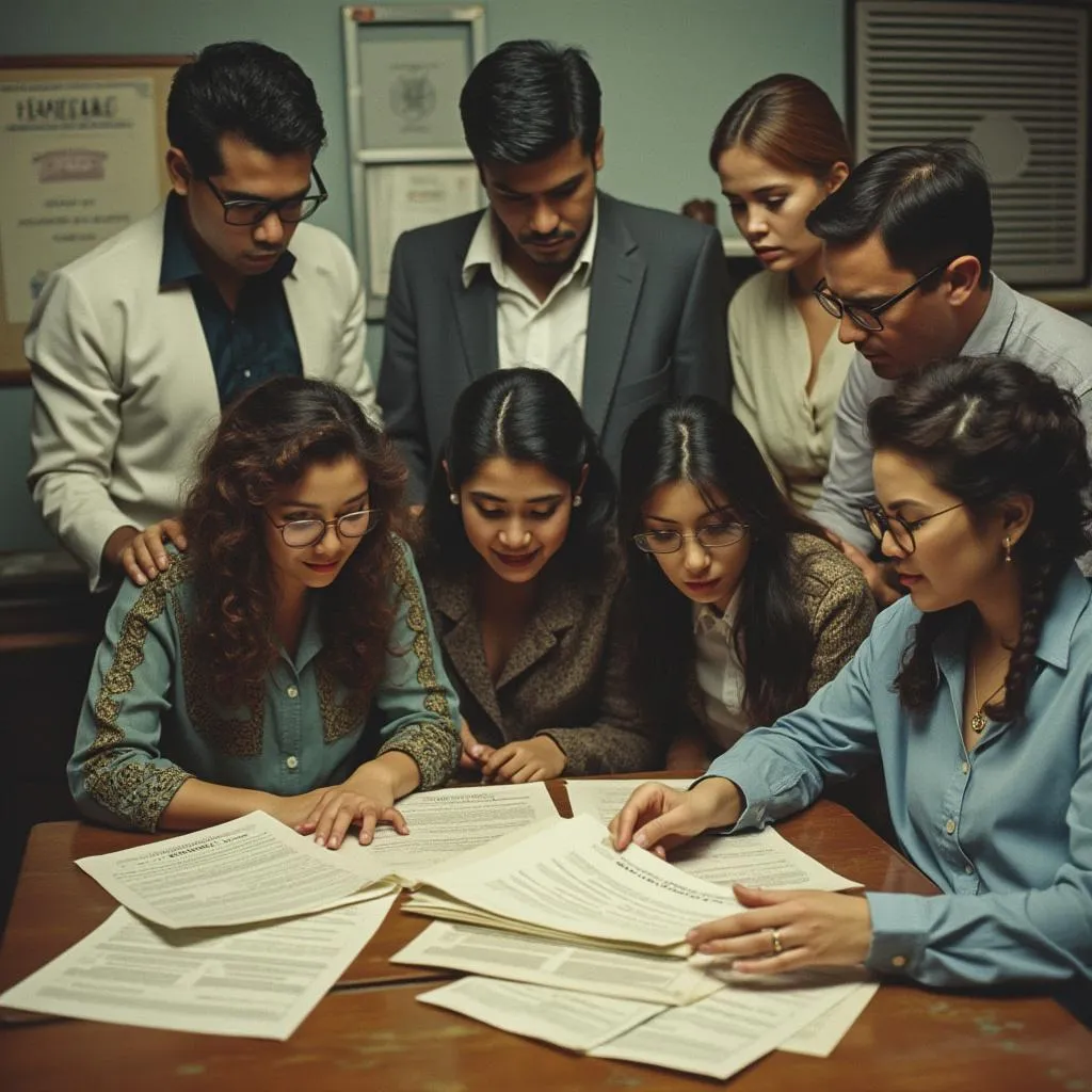 Equipo fundador de FinanzasCol en sus inicios, discutiendo estrategias en una oficina con vista a Bogotá.