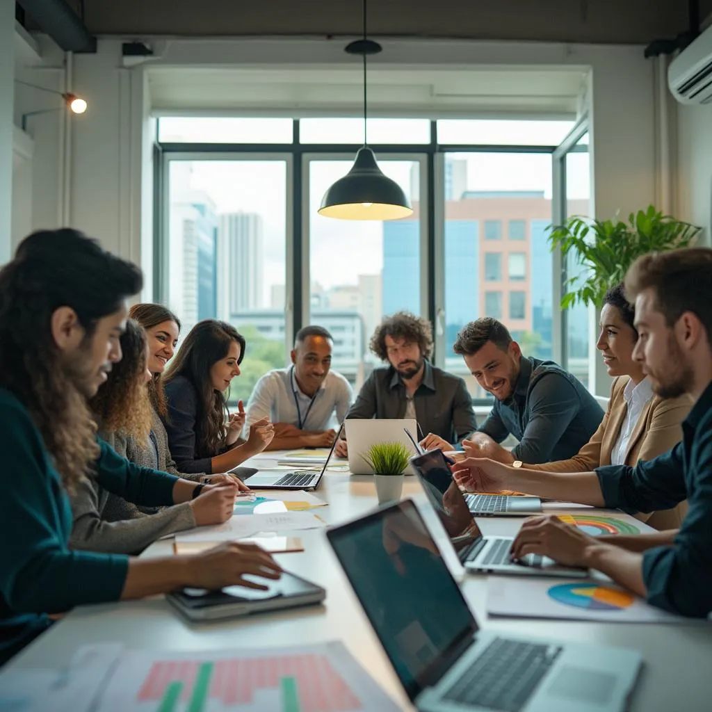Equipo de FinanzasCol discutiendo estrategias financieras en una oficina moderna en Colombia